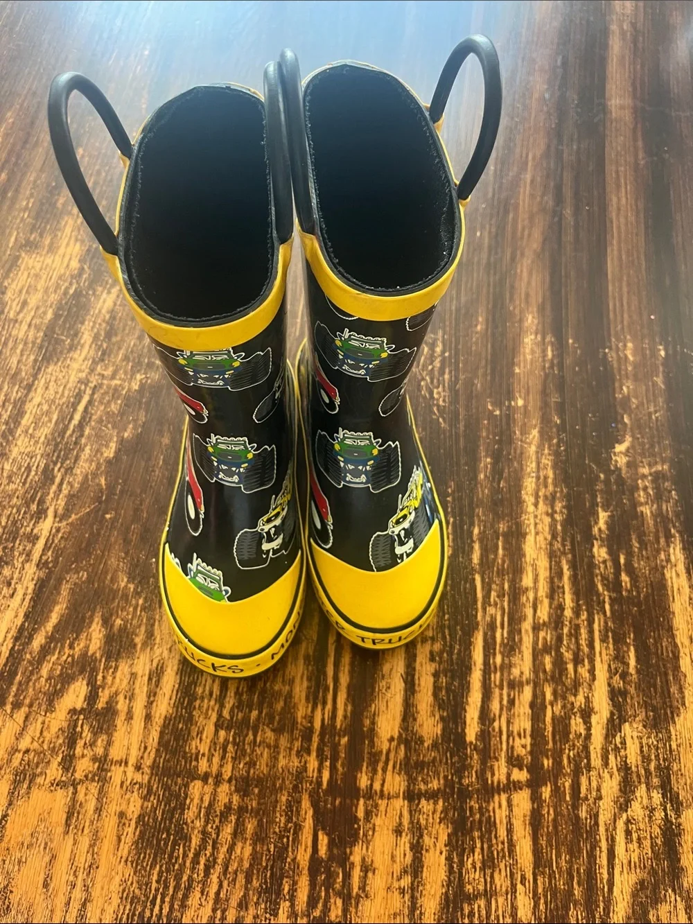 Kids Yellow & Black Monster Truck Rain Boots with Pull Handles